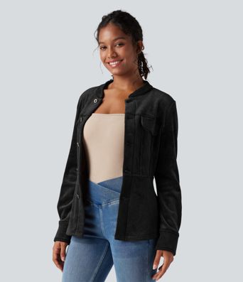 Ribbed Knit Long Sleeve Fleece Casual Jacket