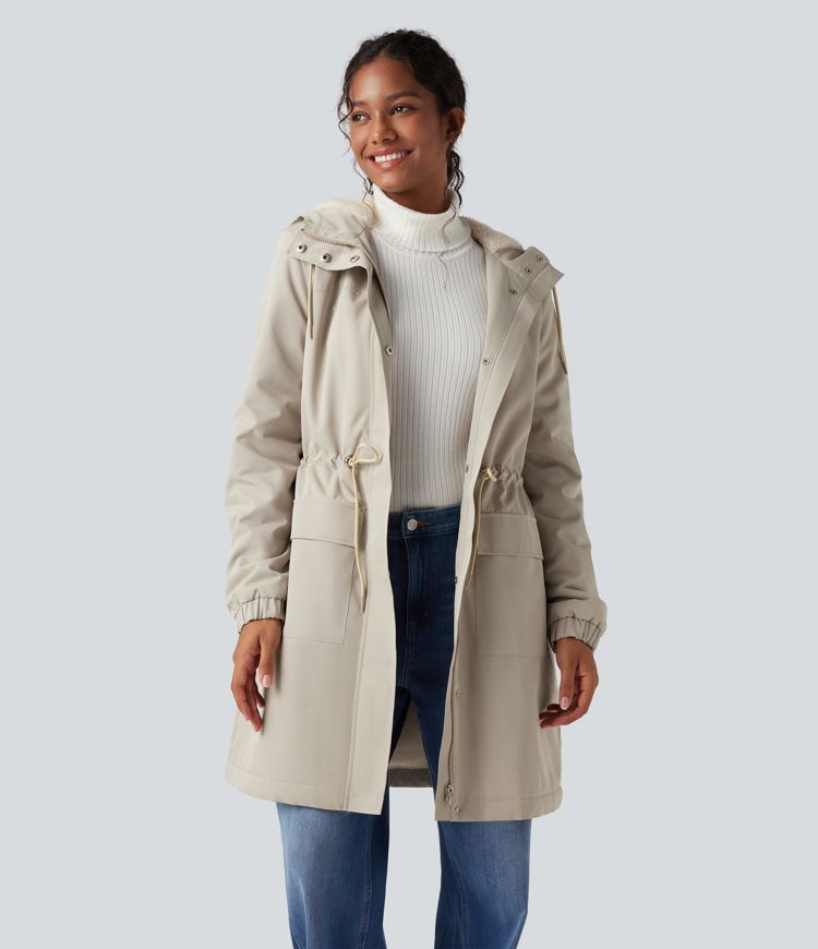 Hooded Long Sleeve Drawstring Longline Fleece Casual Parka Coat with Pockets