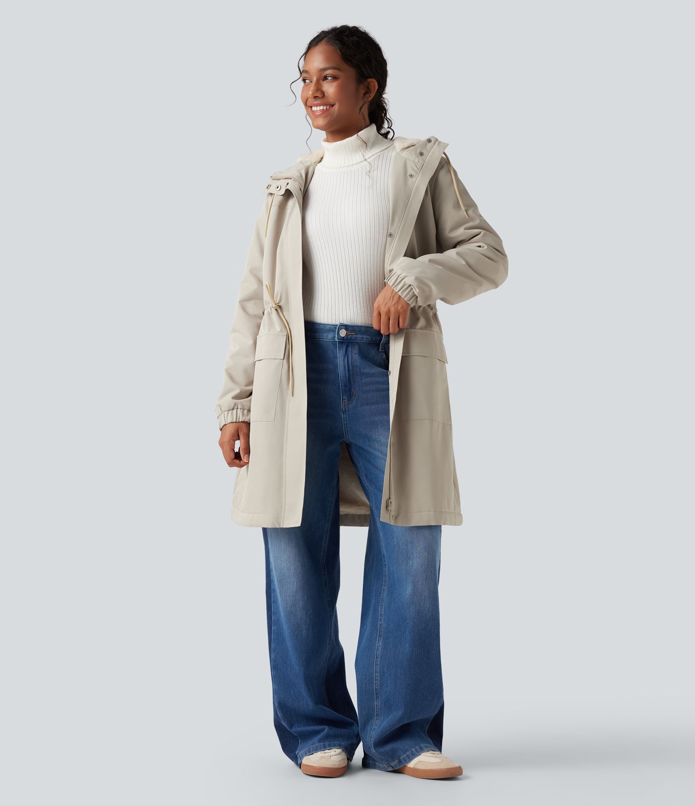 Casual lange fleeceparka met capuchon, lange mouwen, verstelbaar trekkoord en zakken