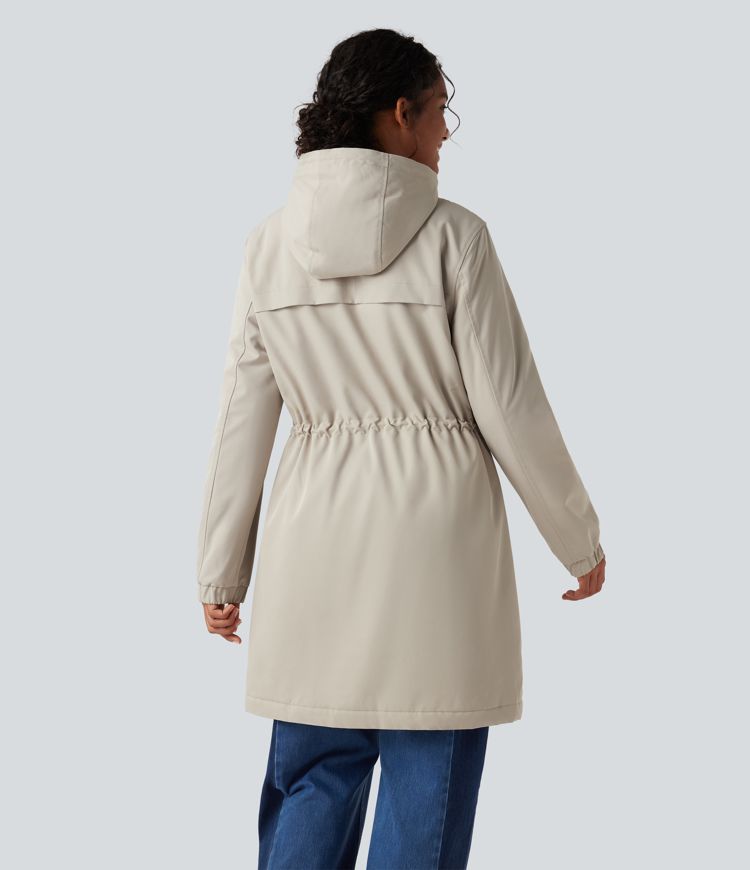 Parka longue polaire à capuche avec cordon de serrage manches longues et poches