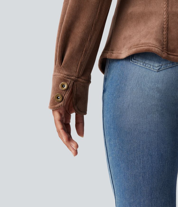 Ribbed Knit Long Sleeve Fleece Casual Jacket