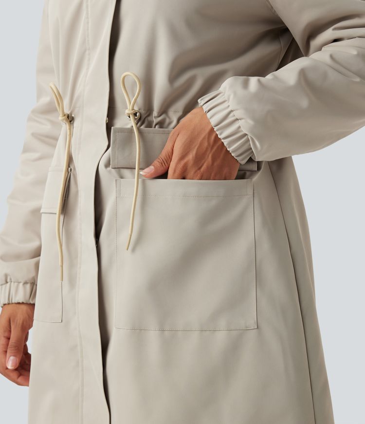 Parka longue polaire à capuche avec cordon de serrage manches longues et poches