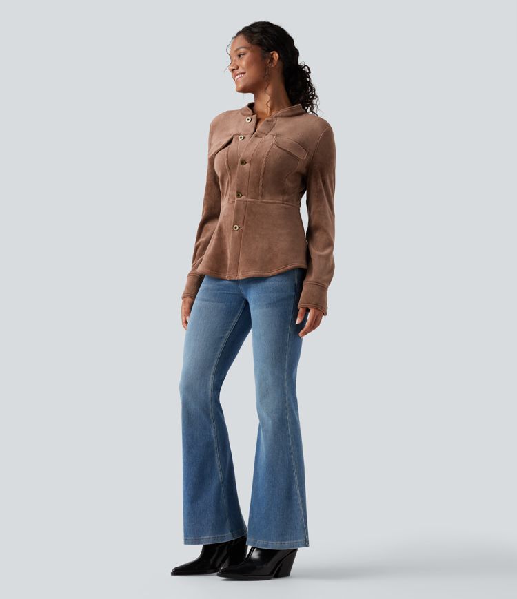 Ribbed Knit Long Sleeve Fleece Casual Jacket