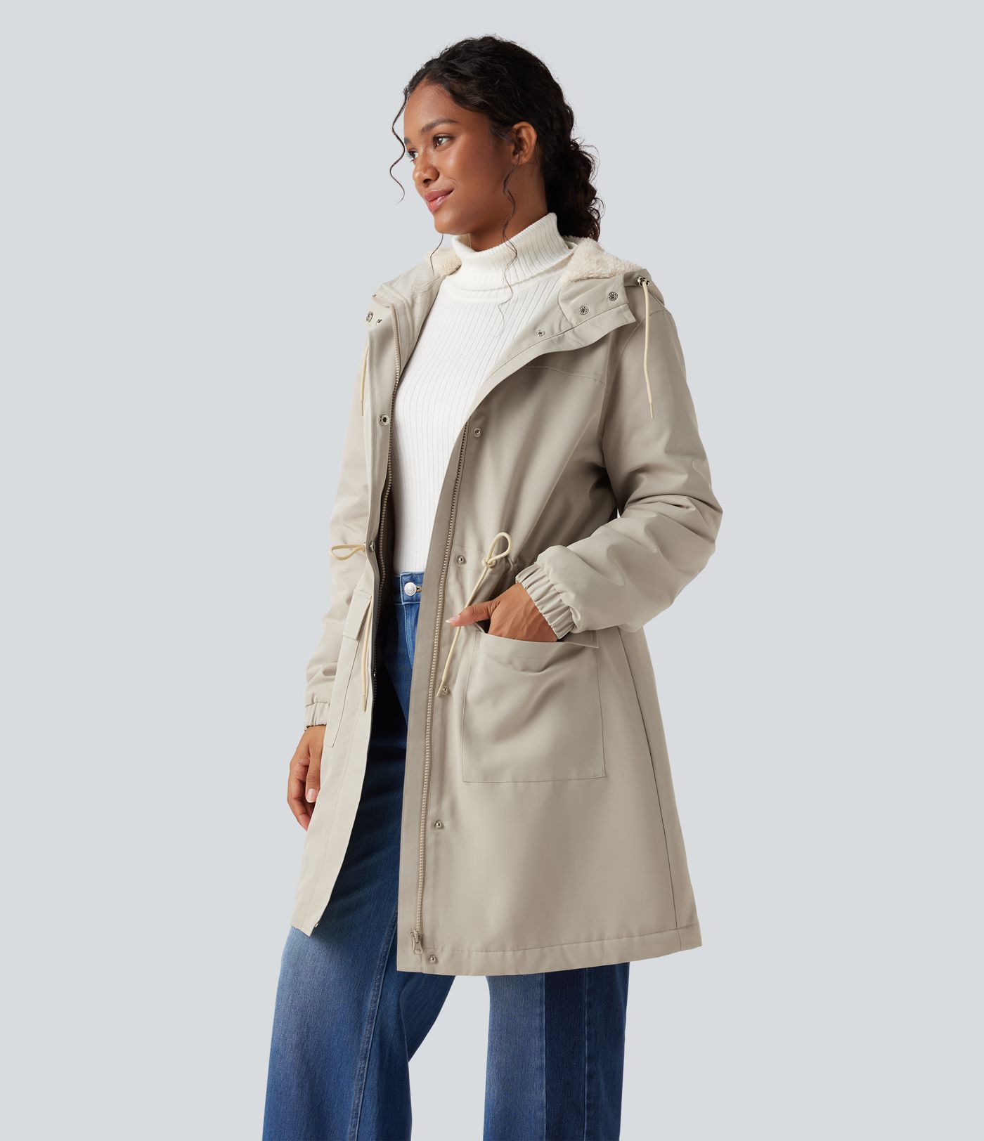 Casual lange fleeceparka met capuchon, lange mouwen, verstelbaar trekkoord en zakken