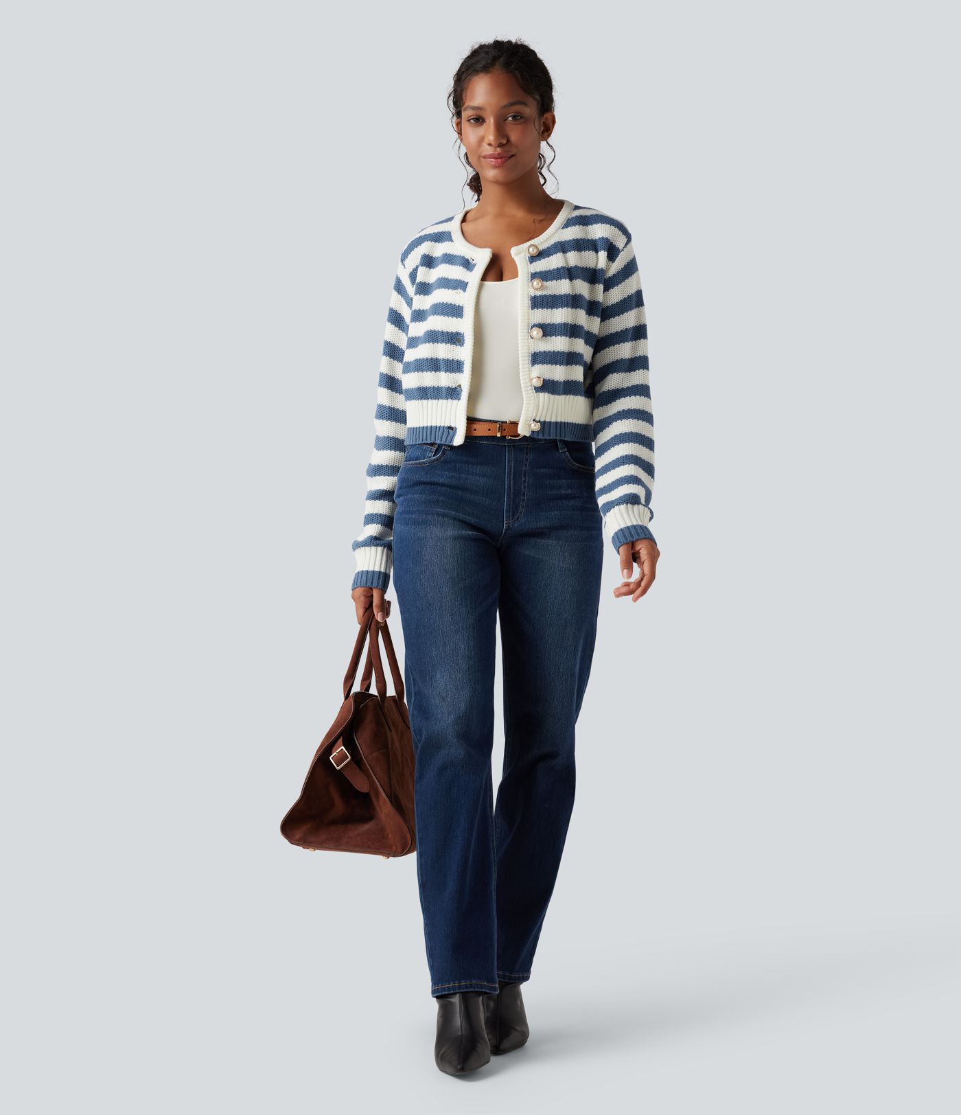 Cardigan mit Rundhalsausschnitt, langen Ärmeln und Streifen