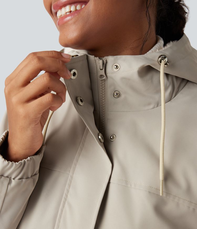 Parka longue polaire à capuche avec cordon de serrage manches longues et poches