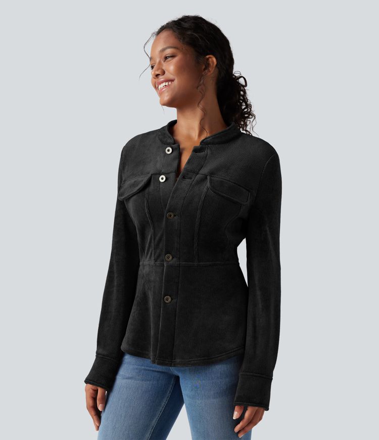 Ribbed Knit Long Sleeve Fleece Casual Jacket