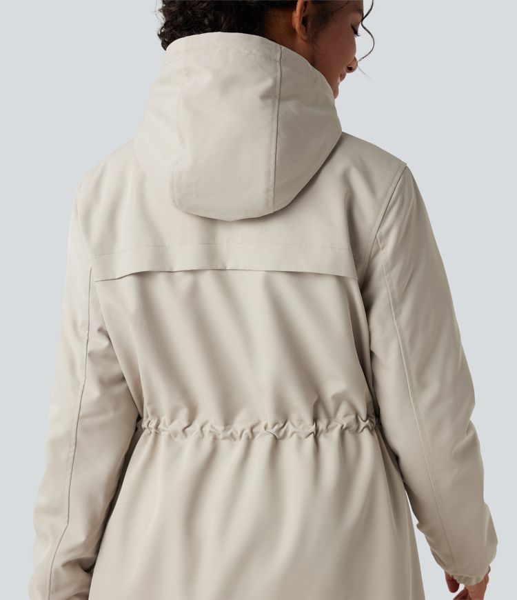 Parka longue polaire à capuche avec cordon de serrage manches longues et poches