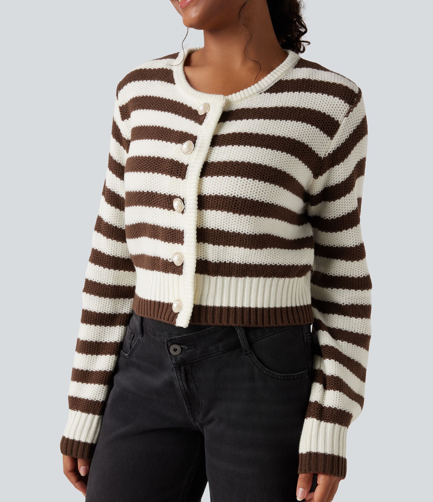 Cardigan mit Rundhalsausschnitt, langen Ärmeln und Streifen