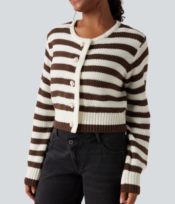 Cardigan mit Rundhalsausschnitt, langen Ärmeln und Streifen