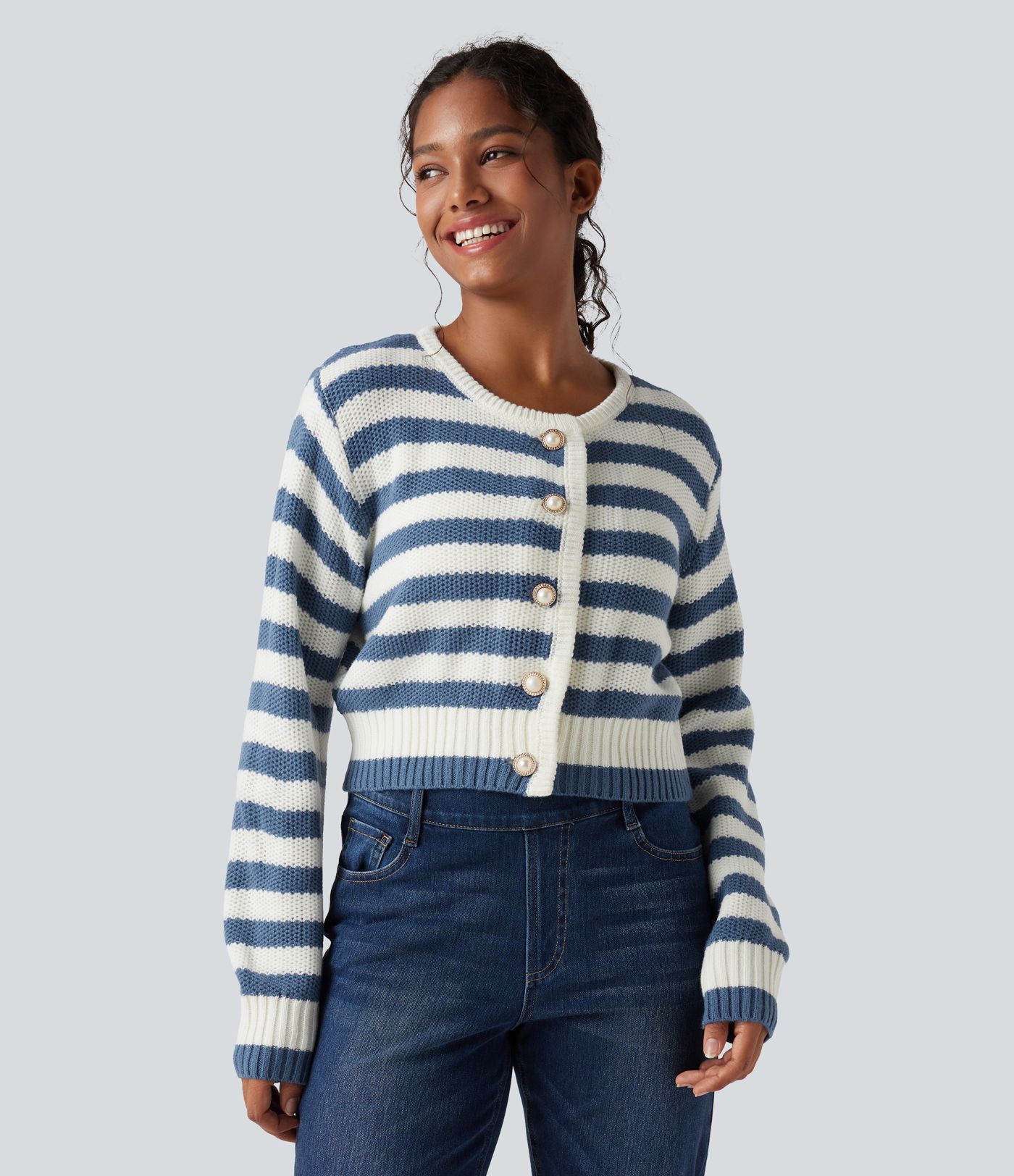 Cardigan mit Rundhalsausschnitt, langen Ärmeln und Streifen