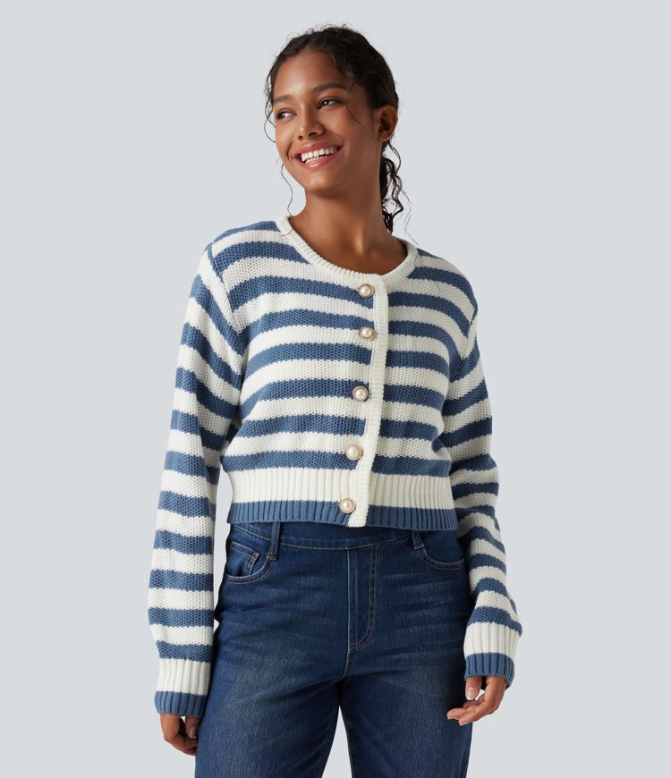 Cardigan mit Rundhalsausschnitt, langen Ärmeln und Streifen