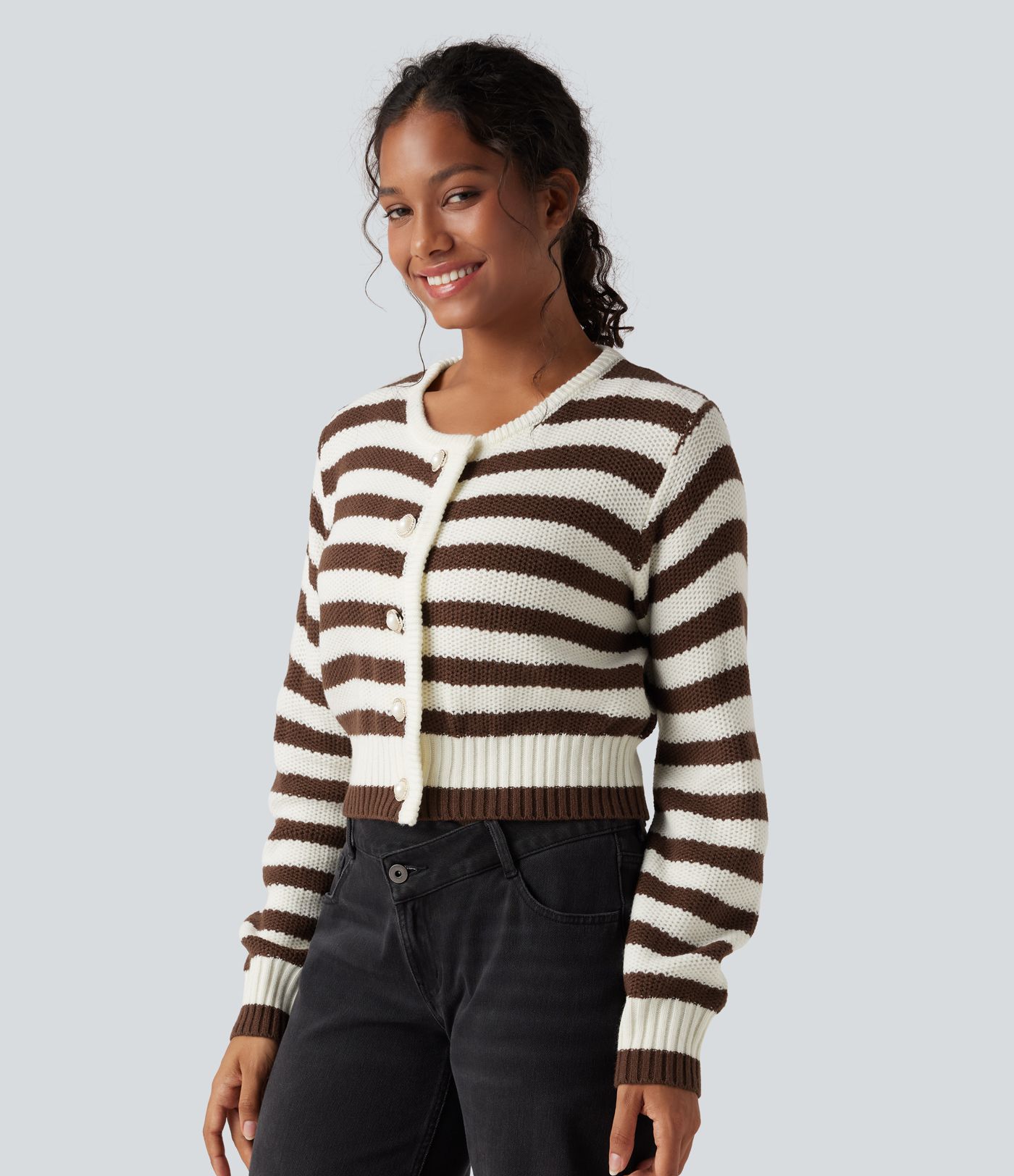 Cardigan mit Rundhalsausschnitt, langen Ärmeln und Streifen