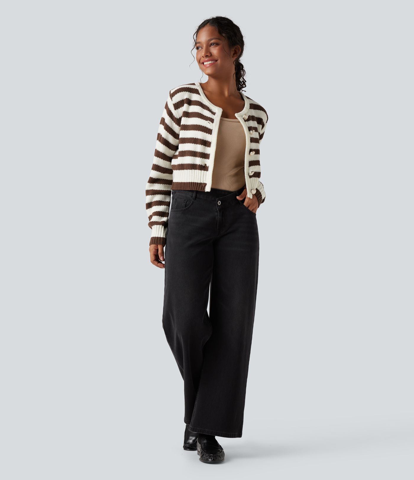 Cardigan mit Rundhalsausschnitt, langen Ärmeln und Streifen