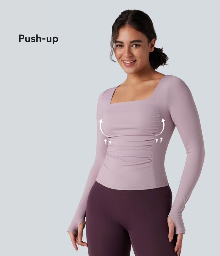 SoftlyZero™ Airy Square Neck Push-Up Long Sleeve Thumb Hole Ruched Cool Touch Yoga Sports Top