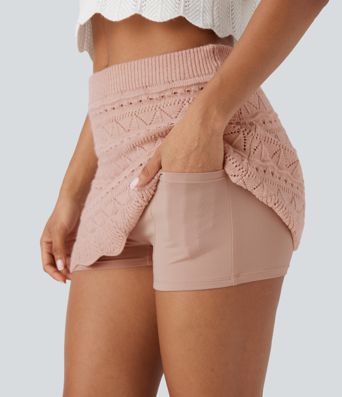 High Waisted 2-in-1 Pocket Open Knit Mini Casual Sweater Skirt
