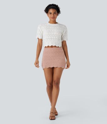 High Waisted 2-in-1 Pocket Open Knit Mini Casual Sweater Skirt