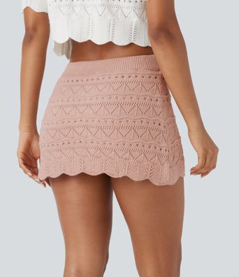 High Waisted 2-in-1 Pocket Open Knit Mini Casual Sweater Skirt