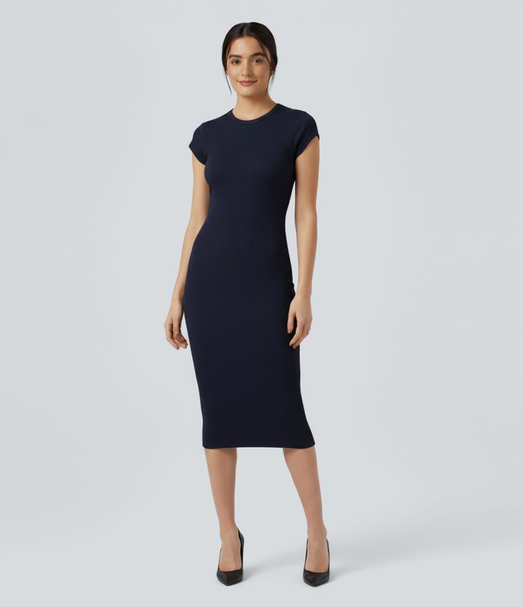 Ribbed Knit Round Neck Short Sleeve Bodycon Midi Casual Dress