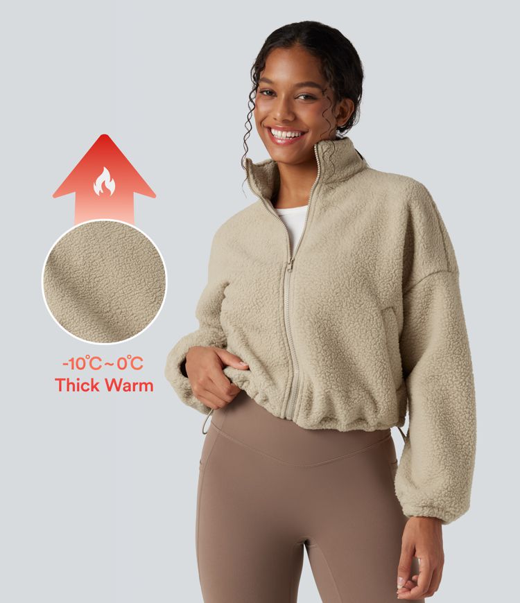 High Neck Long Sleeve Zipper Fleece Workout Jacket with Pockets