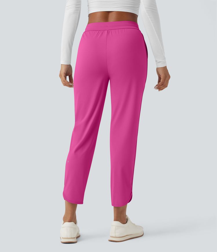 Mid Rise Drawstring Curved Hem Quick Dry Golf Tapered Pants with Pockets-UPF40+