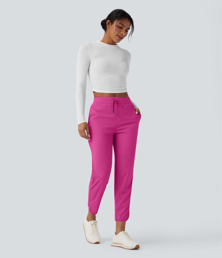 Mid Rise Drawstring Curved Hem Quick Dry Golf Tapered Pants with Pockets-UPF40+