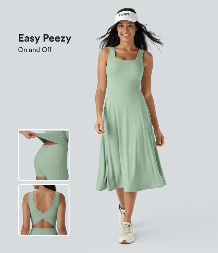 Breezeful™ U Neck 2-in-1 Pocket Midi Quick Dry Dance Active Dress-Easy Peezy