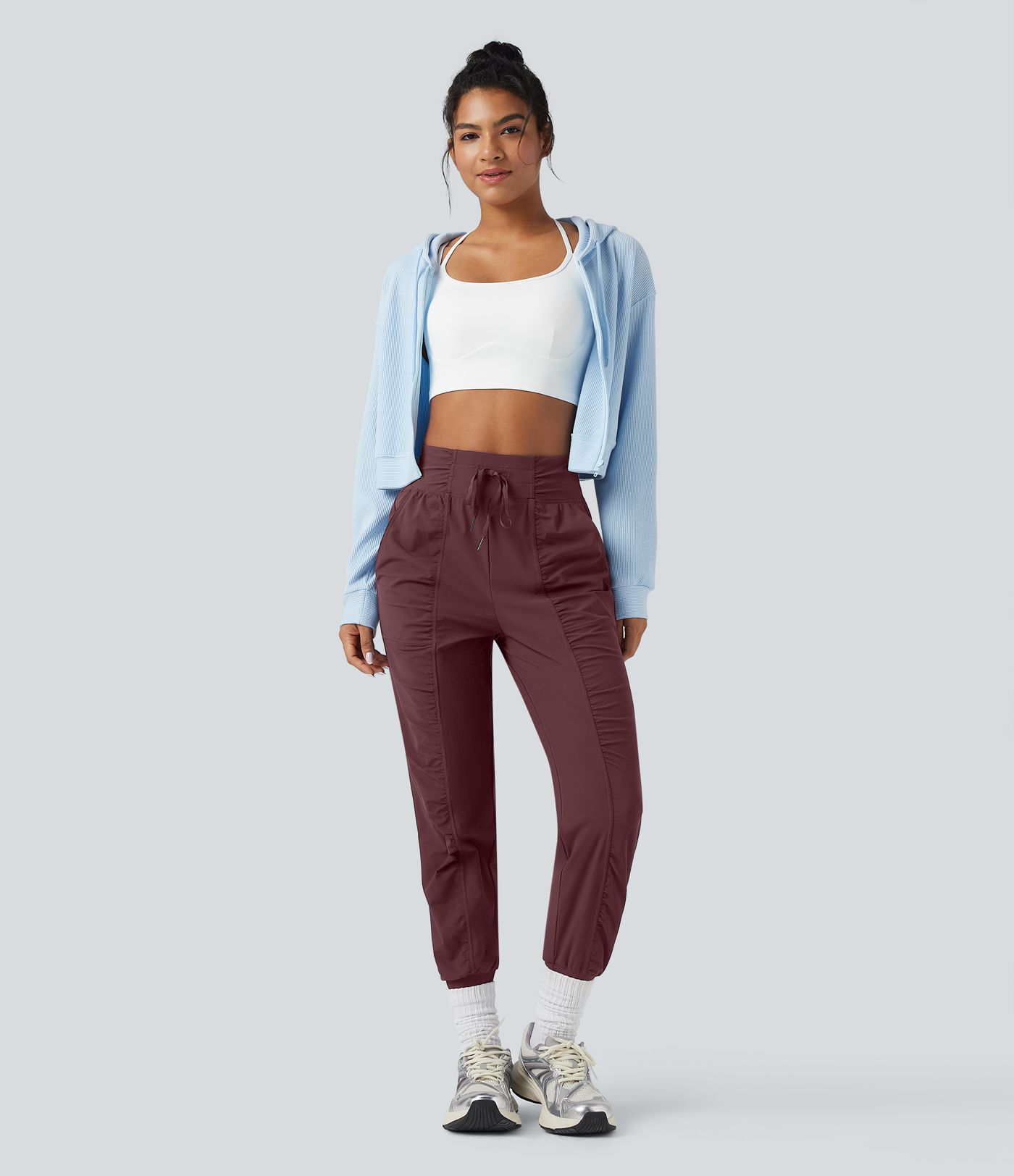 High Waisted Drawstring Ruched Tapered Quick Dry Dance Joggers with Pockets