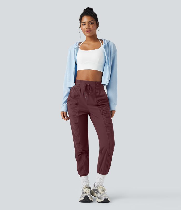 High Waisted Drawstring Ruched Tapered Quick Dry Dance Joggers with Pockets
