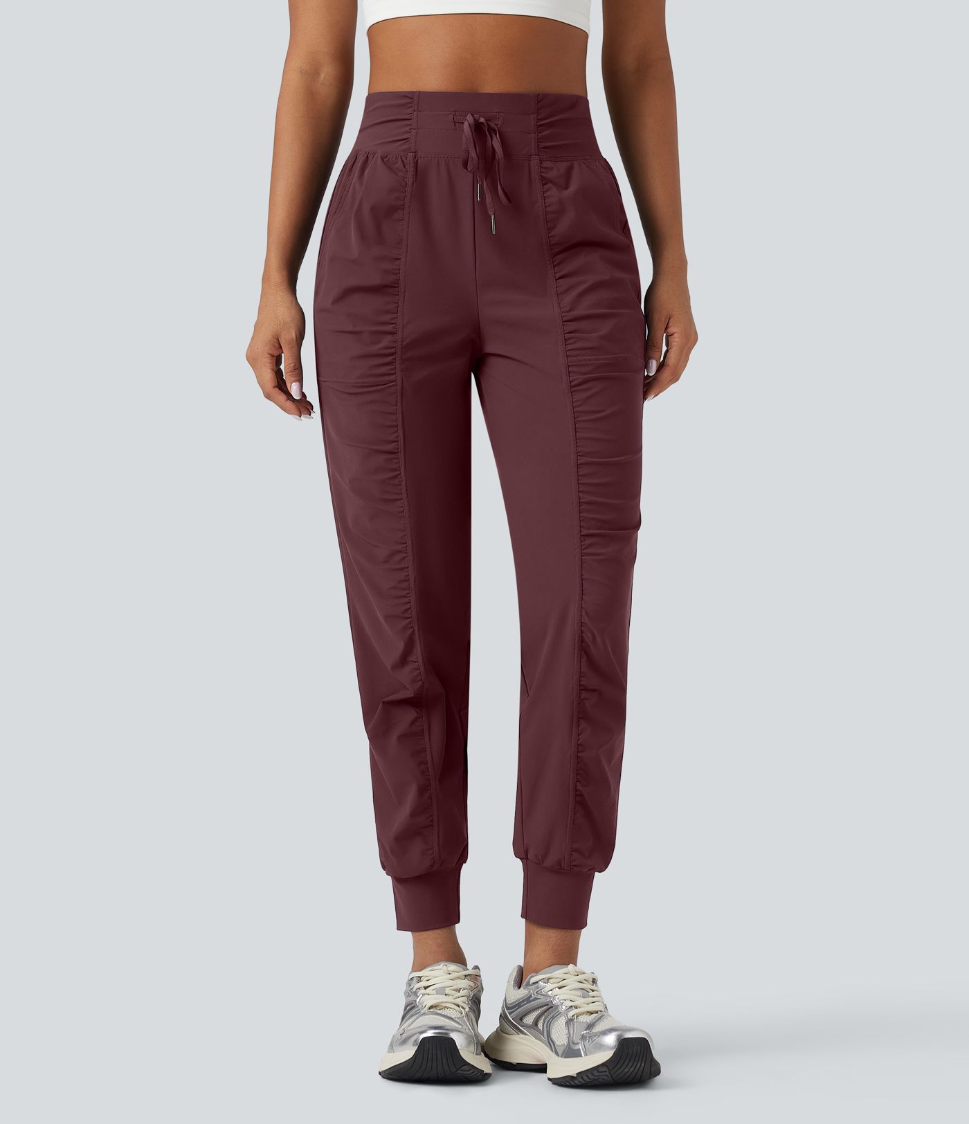 High Waisted Drawstring Ruched Tapered Quick Dry Dance Joggers with Pockets