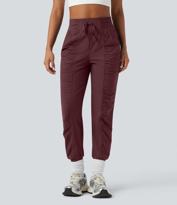 High Waisted Drawstring Ruched Tapered Quick Dry Dance Joggers with Pockets