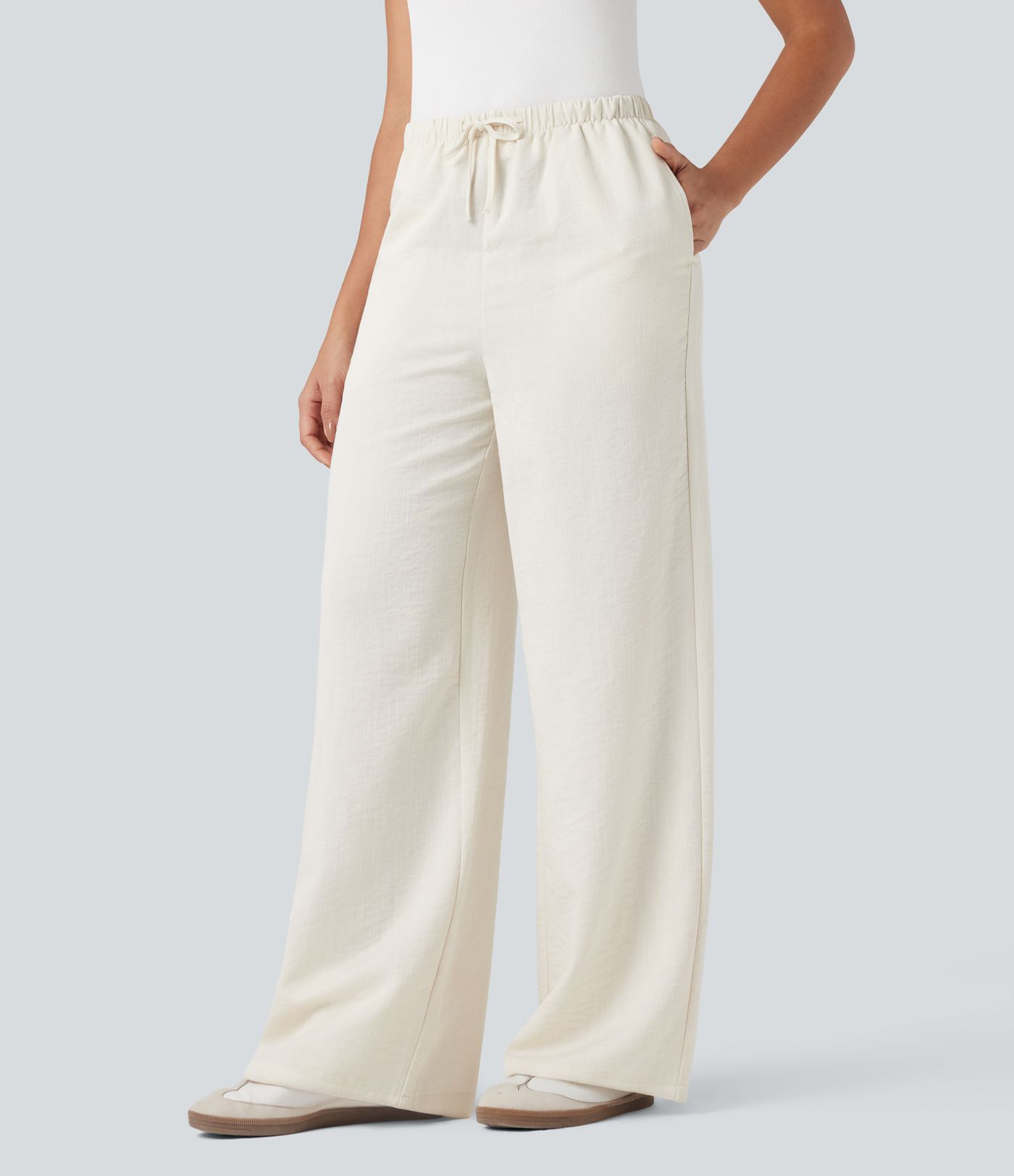Wrinkle-Resistant High Waisted Drawstring Wide Leg Casual Linen-Feel Trousers with Pockets
