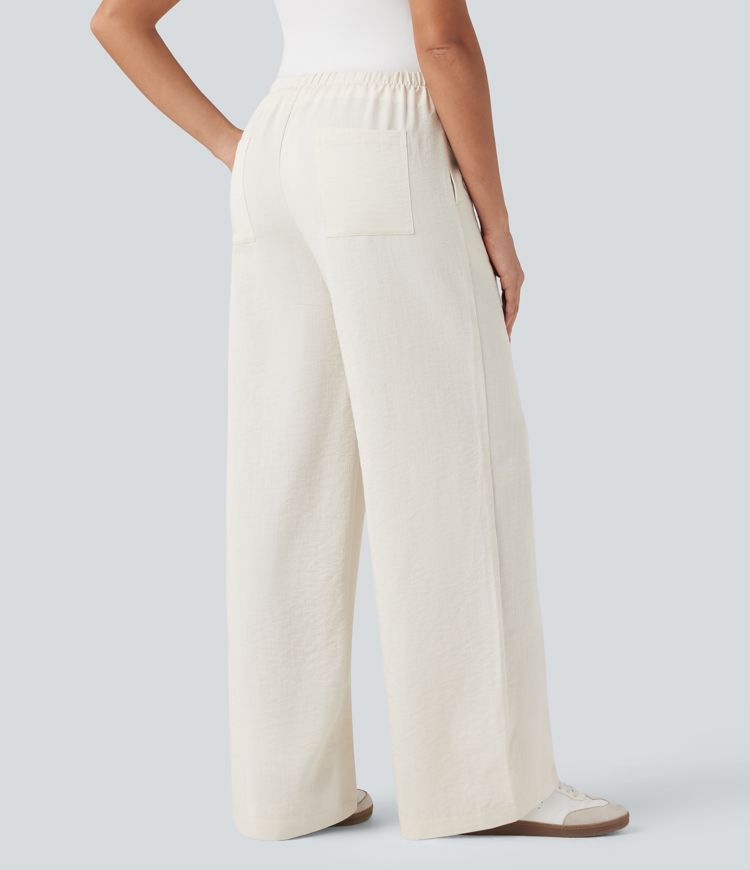 Wrinkle-Resistant High Waisted Drawstring Wide Leg Casual Linen-Feel Pants with Pockets
