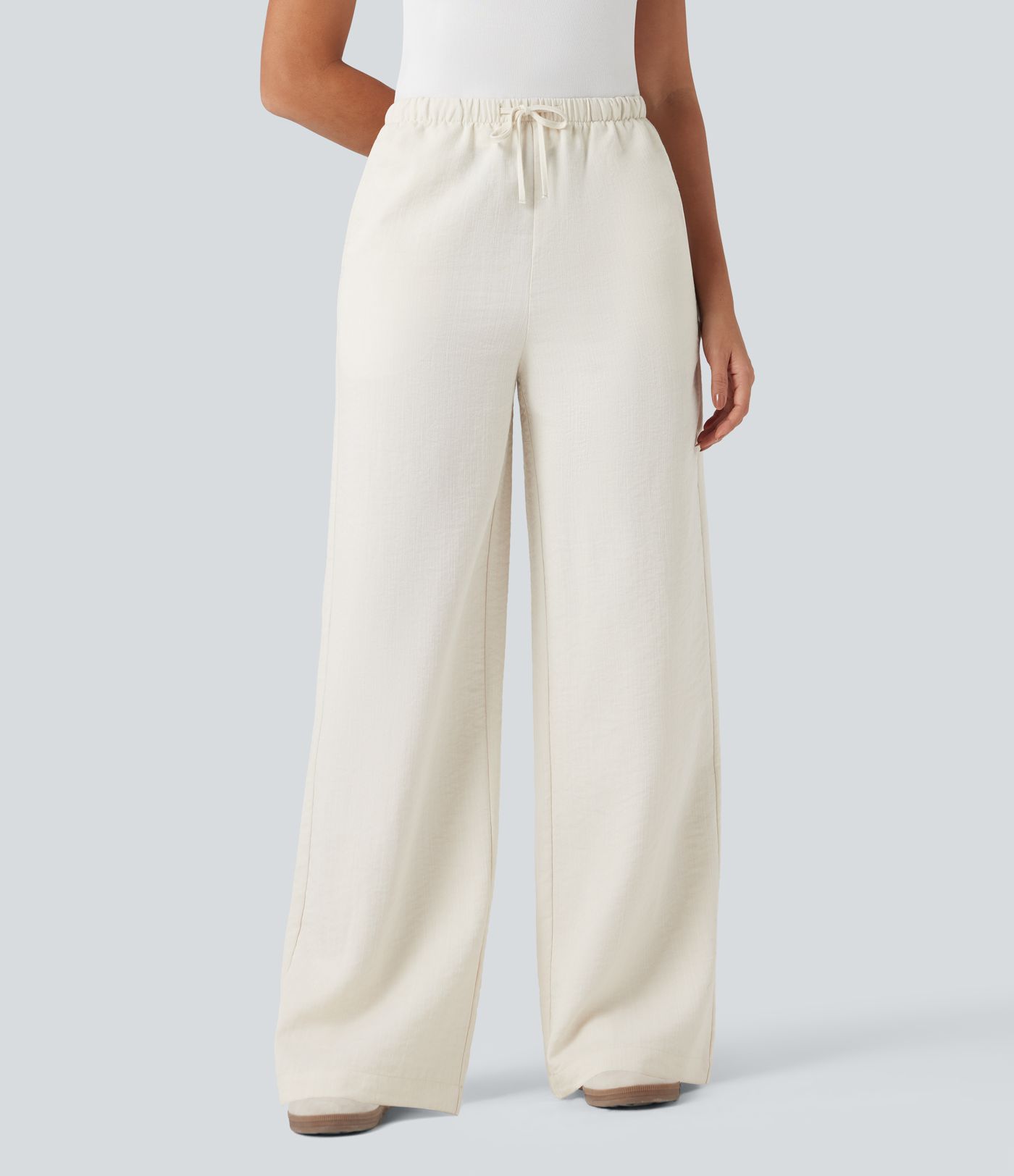 Pantalon décontracté taille haute à cordon, jambe large, effet lin, avec poches