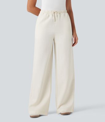 Pantalon décontracté taille haute à cordon, jambe large, effet lin, avec poches