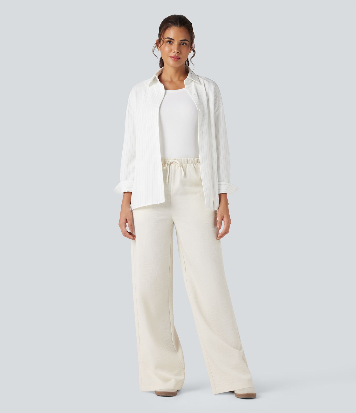 Wrinkle-Resistant High Waisted Drawstring Wide Leg Casual Linen-Feel Pants with Pockets