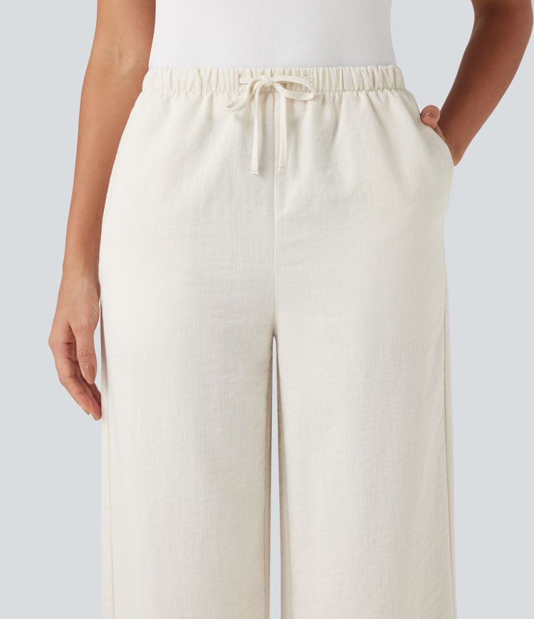 Wrinkle-Resistant High Waisted Drawstring Wide Leg Casual Linen-Feel Pants with Pockets