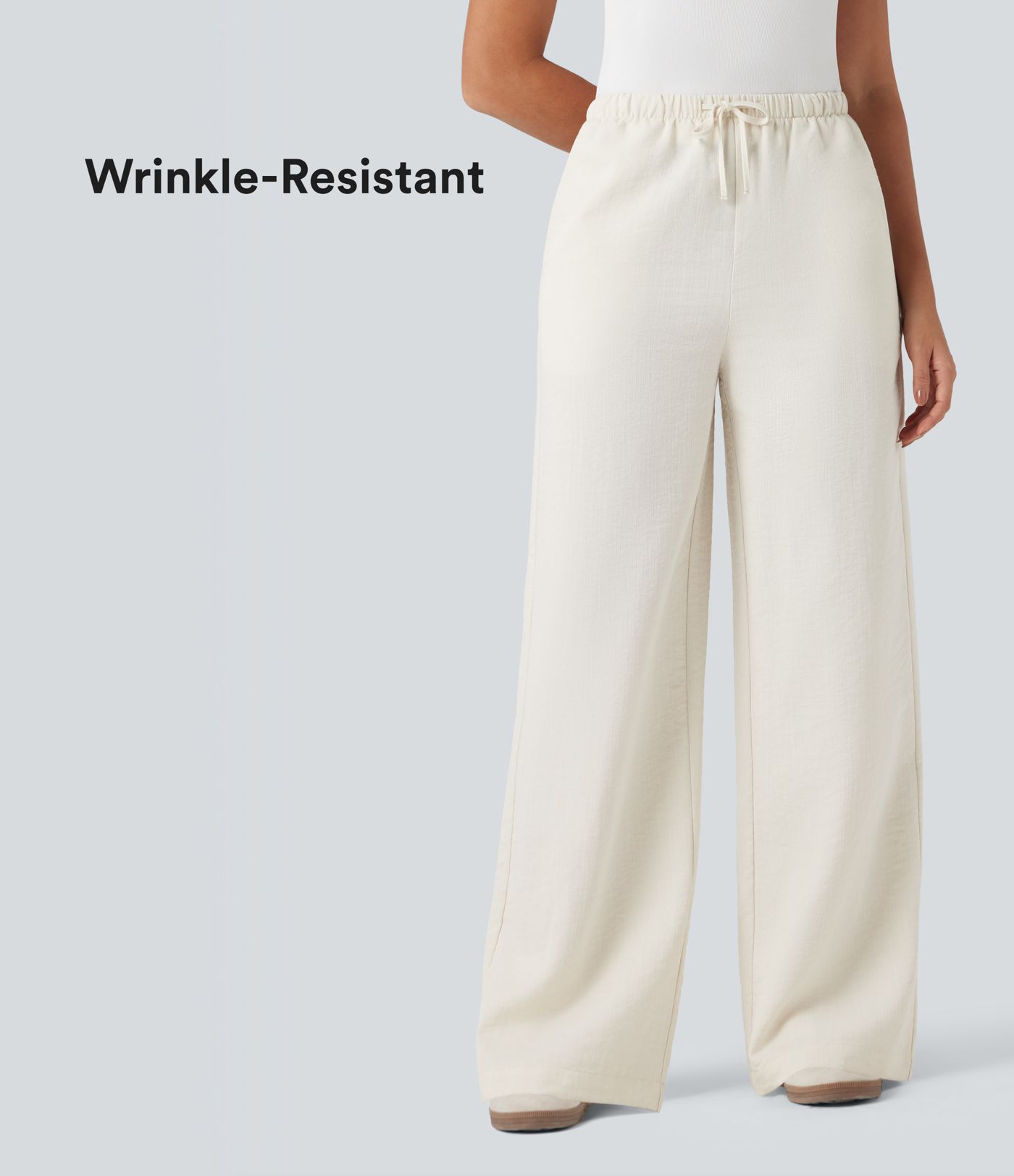 Wrinkle-Resistant High Waisted Drawstring Wide Leg Casual Linen-Feel Trousers with Pockets