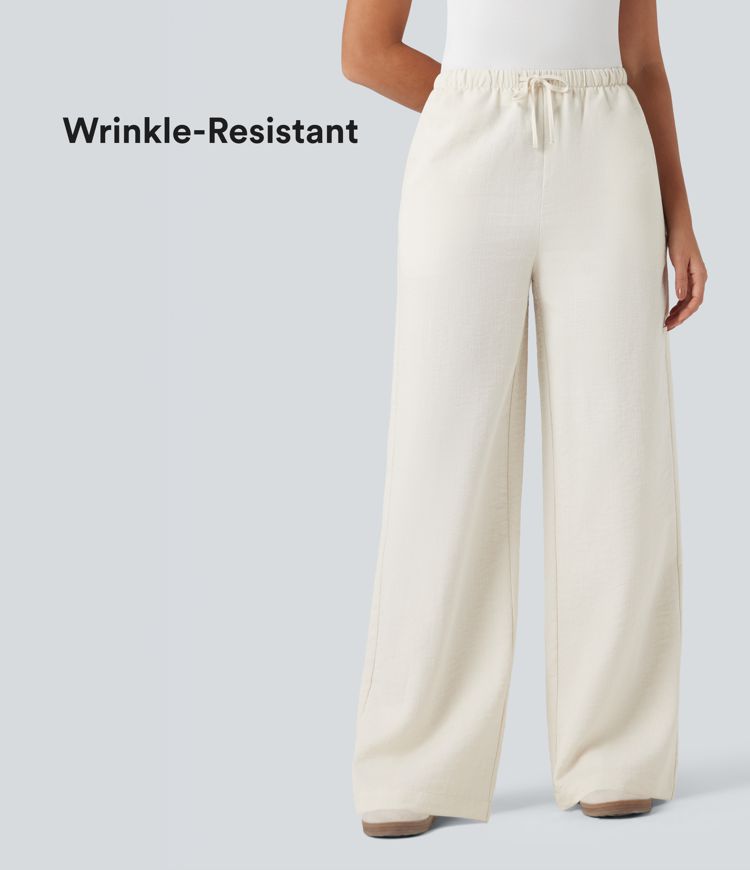 Wrinkle-Resistant High Waisted Drawstring Wide Leg Casual Linen-Feel Trousers with Pockets