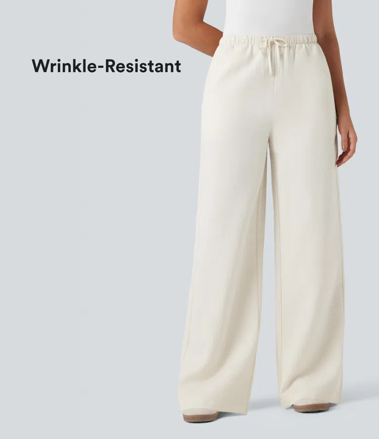 Blanco Pantalones casuales anchos de lino resistente a arrugas con tiro alto, cordón ajustable y bolsillos / 1