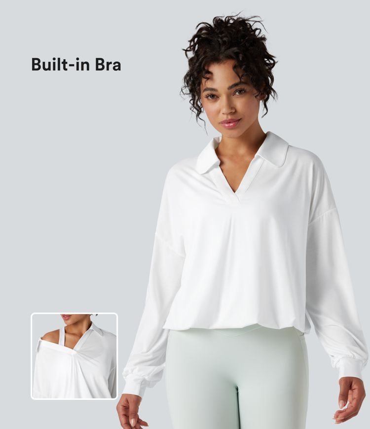 Lapel Long Sleeve Bubble Hem 2-in-1 Quick Dry Workout Sports Top