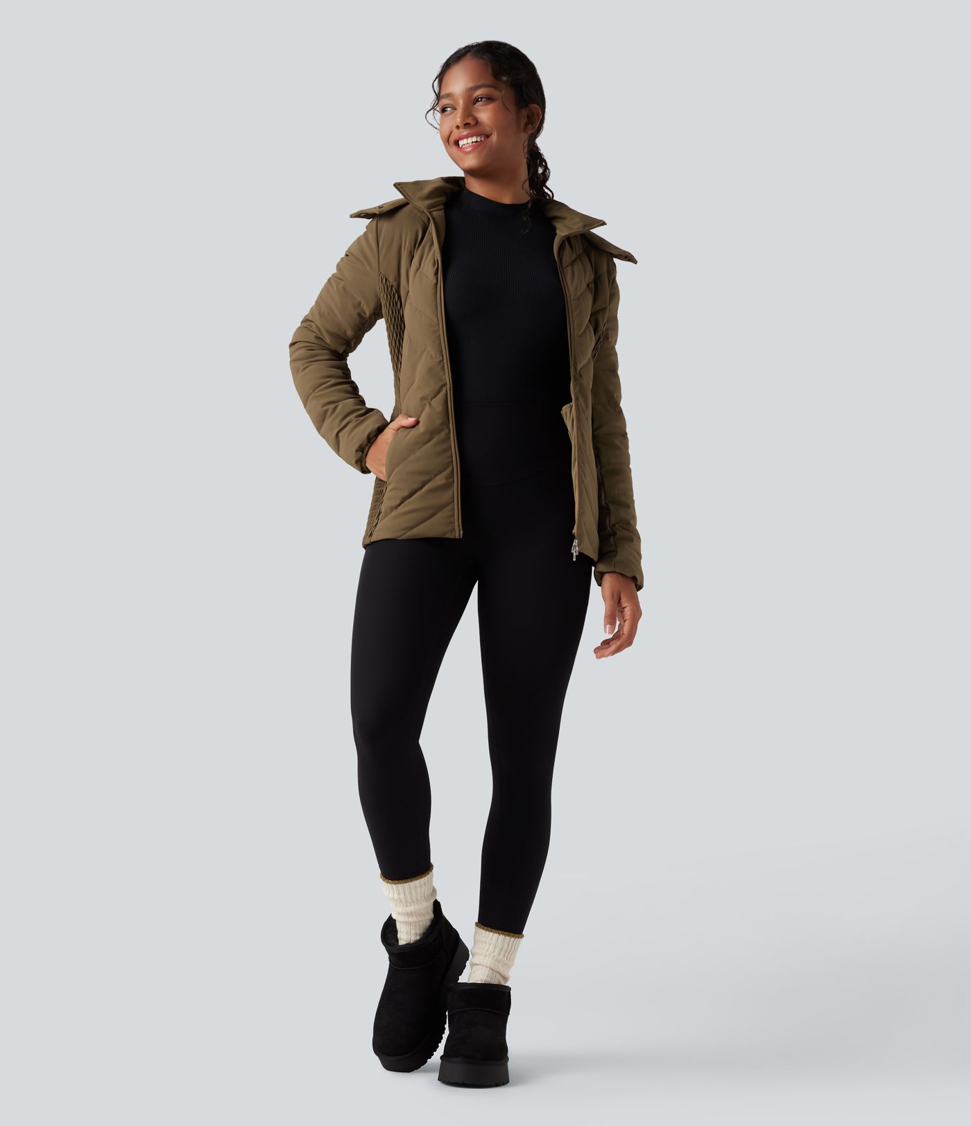 PuffFlex Removable Hood Shirred Casual Padded Jacket with Pockets