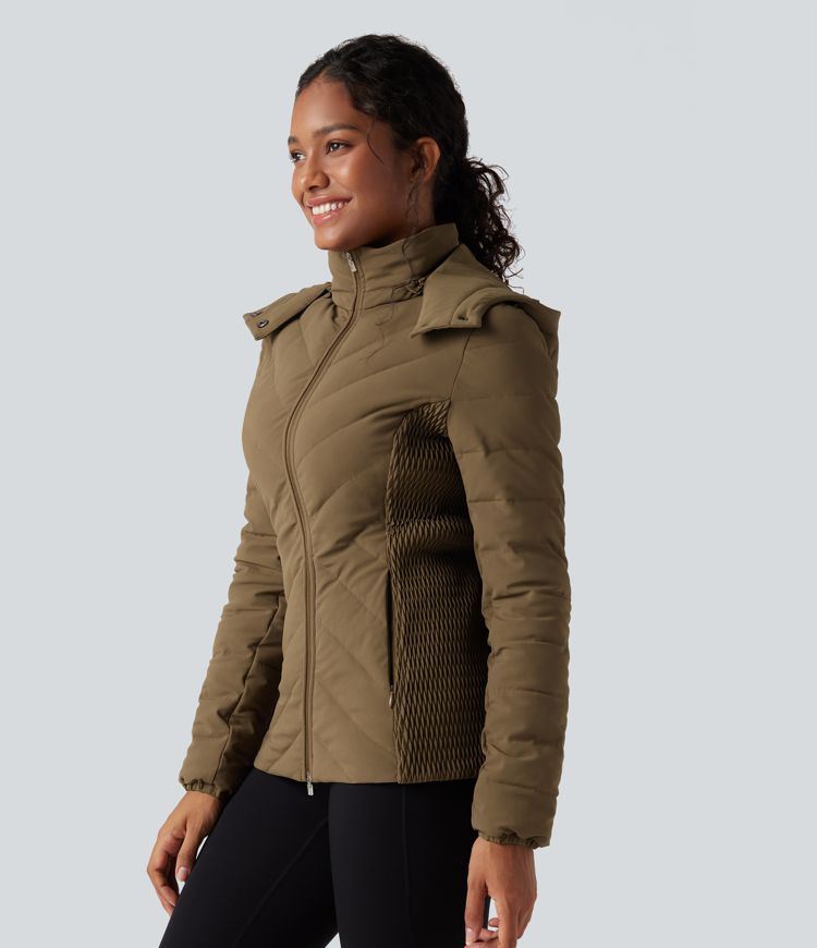 Removable Hood Shirred Casual Padded Jacket with Pockets