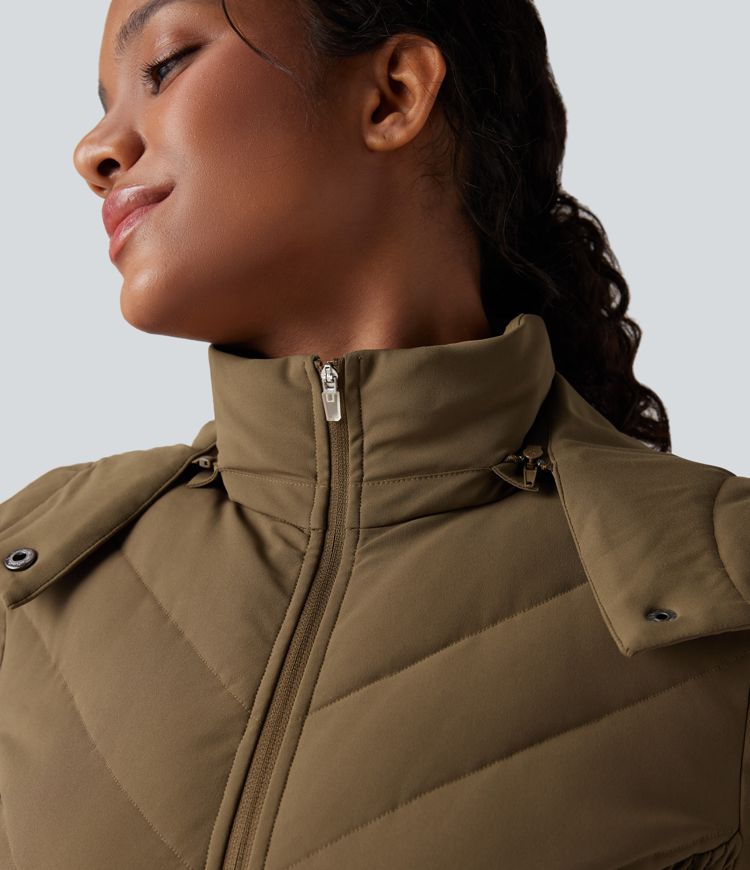 Removable Hood Shirred Casual Padded Jacket with Pockets