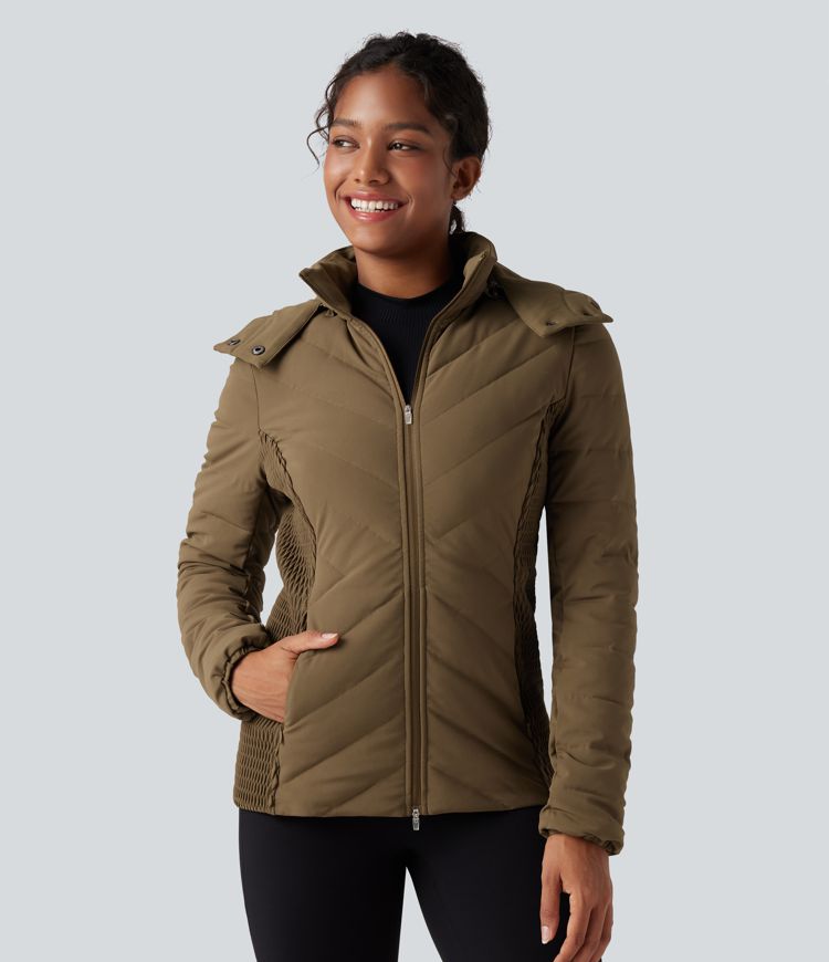 Removable Hood Shirred Casual Padded Jacket with Pockets