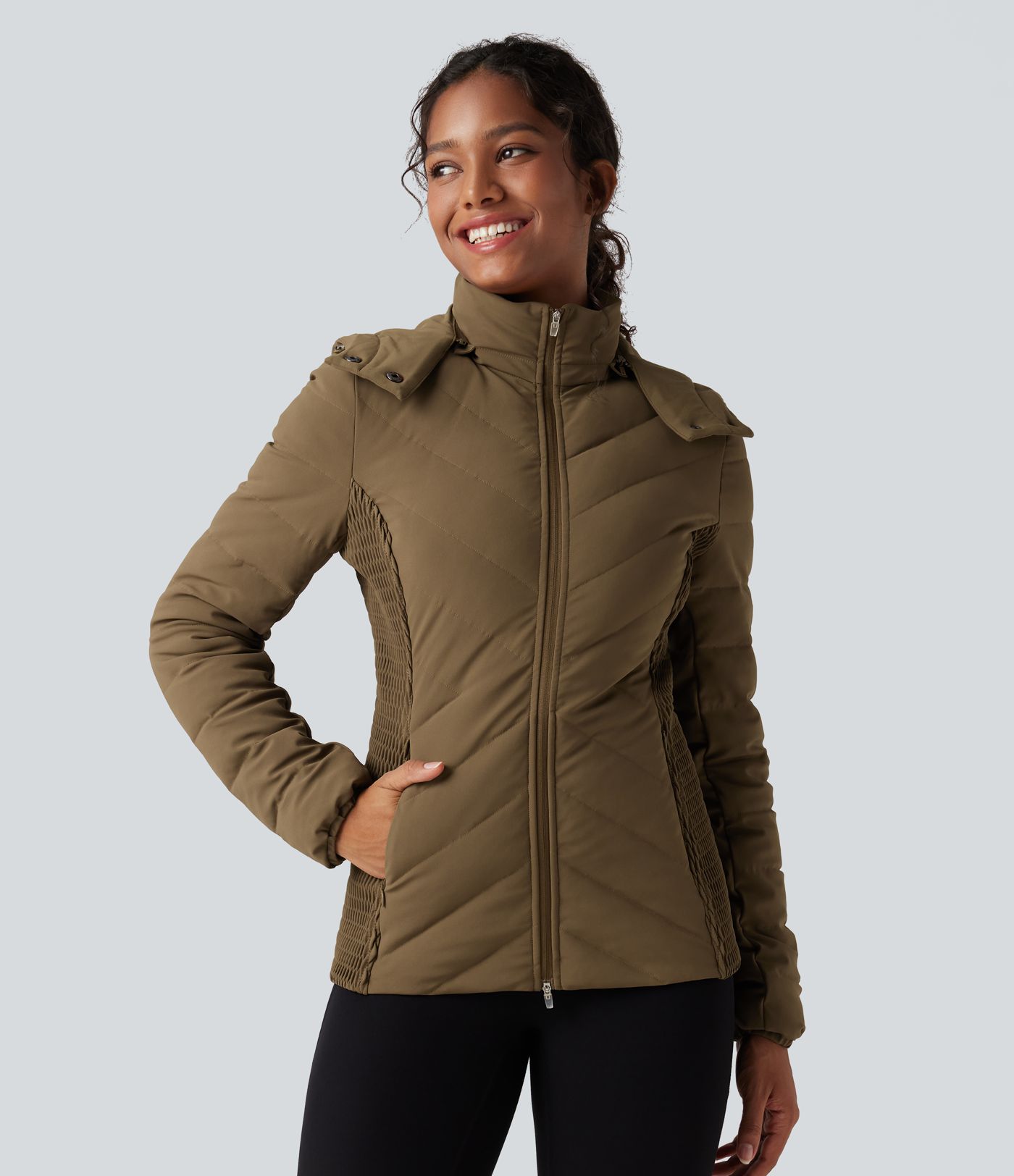 PuffFlex Removable Hood Shirred Casual Padded Jacket with Pockets