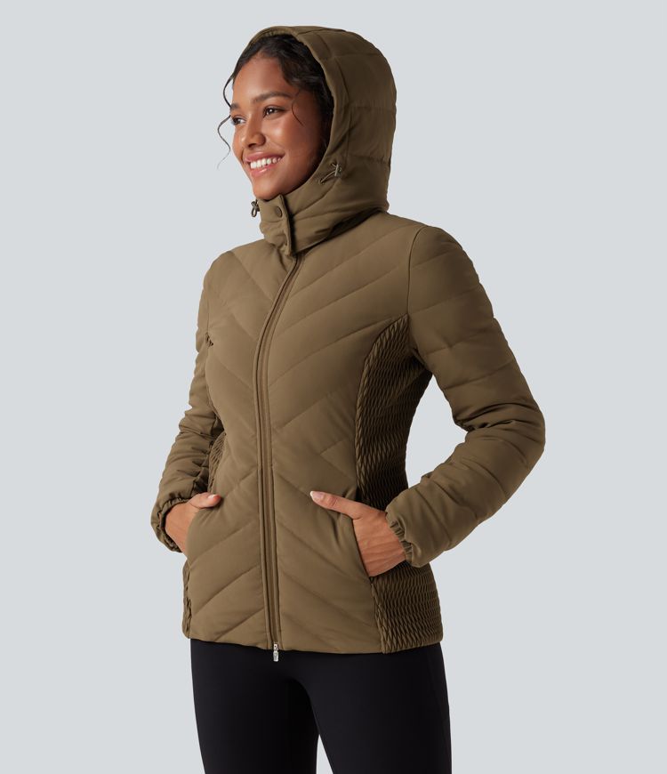 Removable Hood Shirred Casual Padded Jacket with Pockets