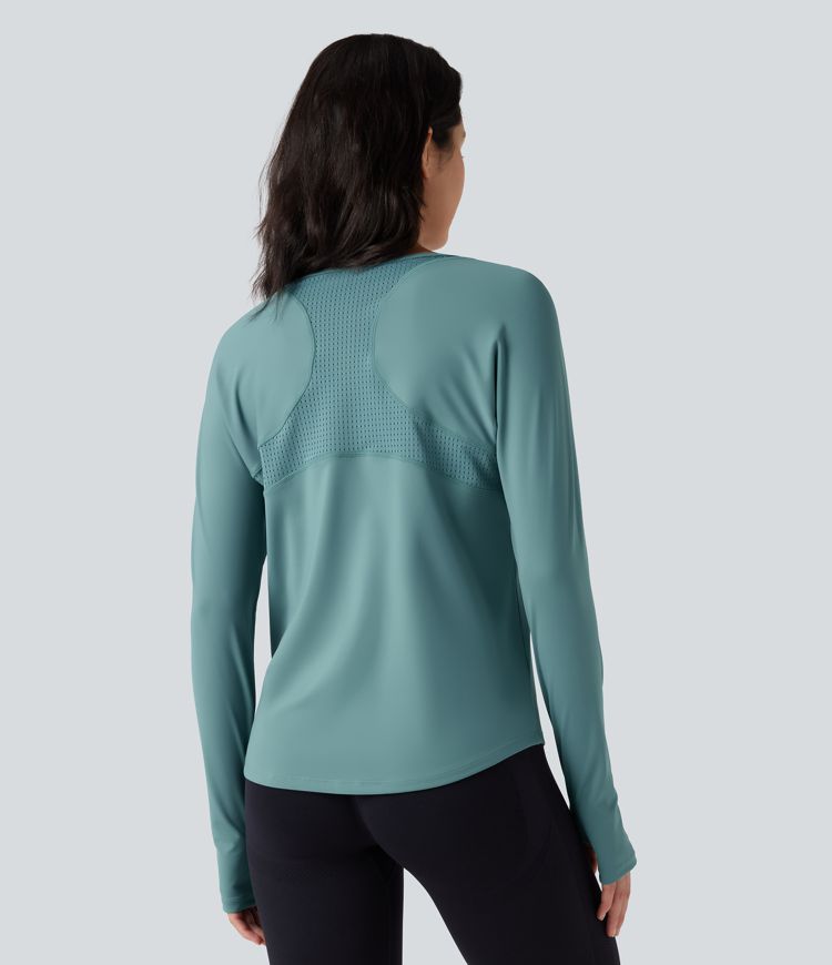 Breezeful™ Long Sleeve Thumb Holes Curved Hem Perforated Quick Dry Yoga Sports Top