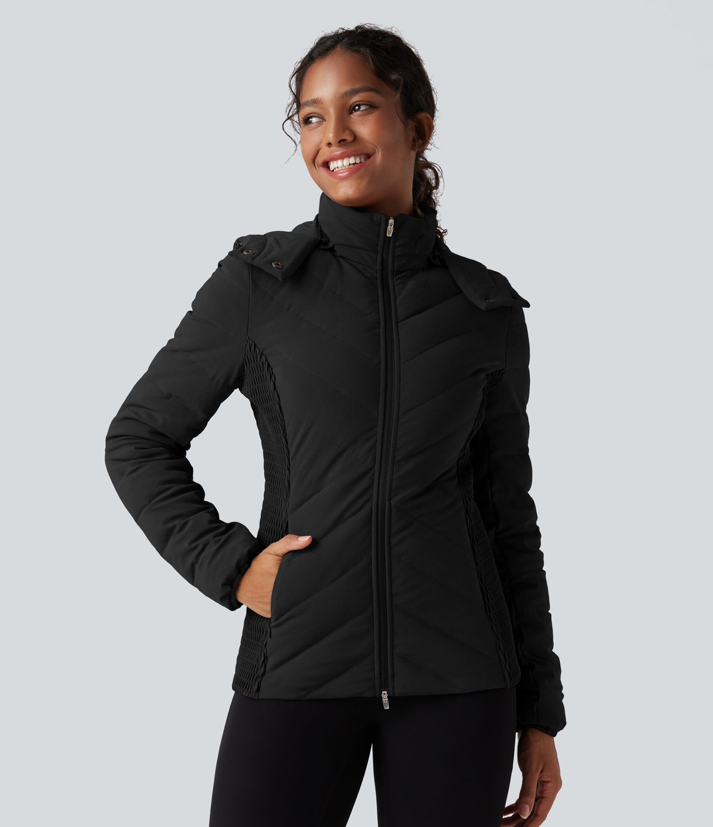 PuffFlex Removable Hood Shirred Casual Padded Jacket with Pockets