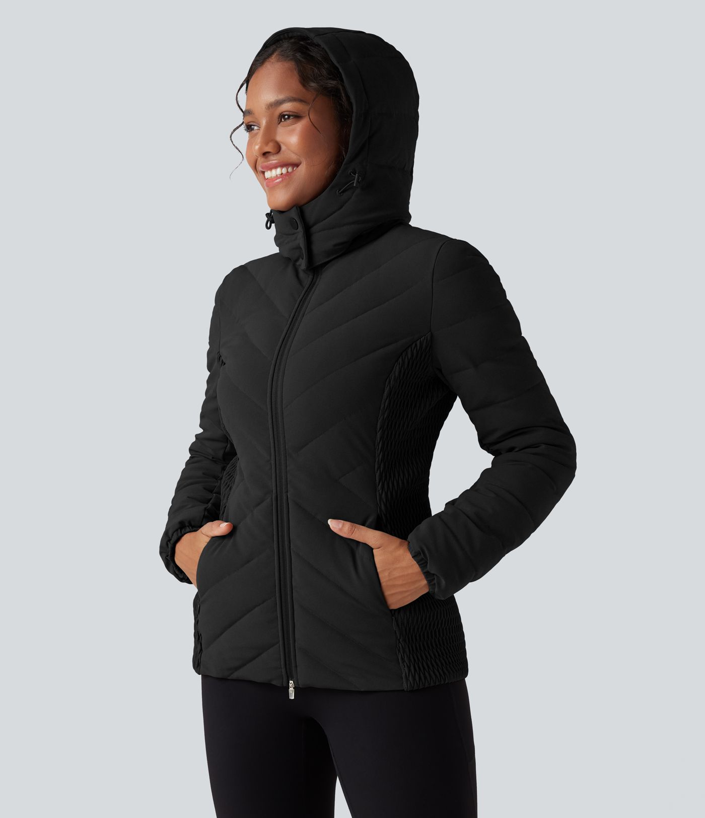 PuffFlex Removable Hood Shirred Casual Padded Jacket with Pockets